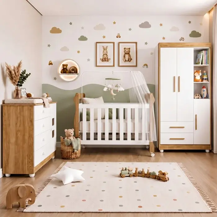 ROUPEIRO TIGUS FLOCOS+BERÇO LIFE +COMODA SOFT C/COLCHAO BCO