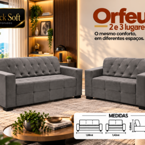 SOFA 2X3 LUGARES LISS BLACK SOFT VELUDO CINZA
