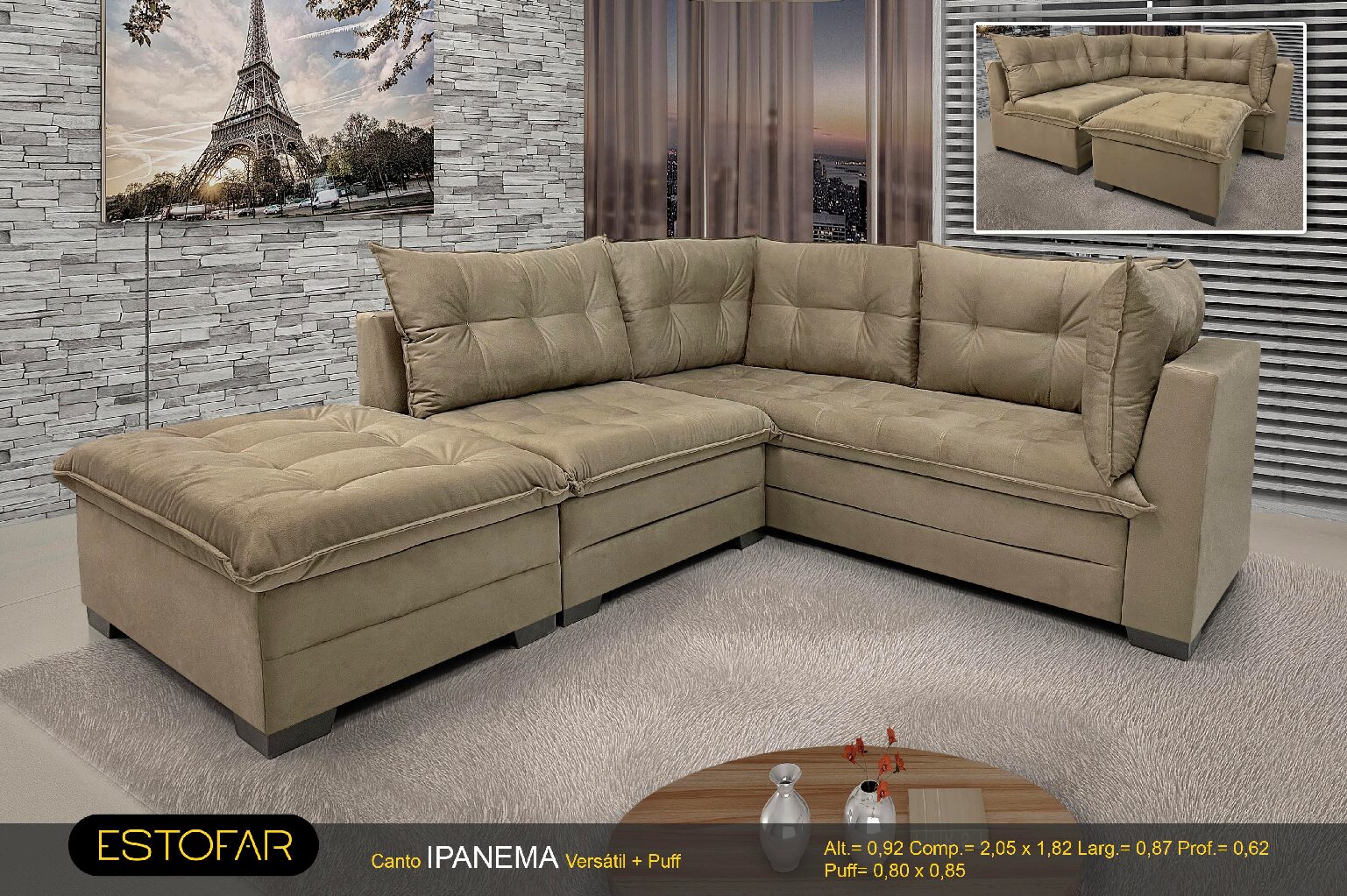 SOFA DE CANTO ESTOFAR IPANEMA INCA MARROM