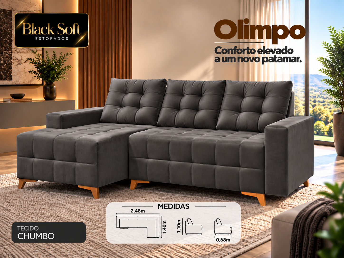 SOFA DE CANTO OLIMPO C/CHAESE BLACK SOFT VELUDO CHUMBO